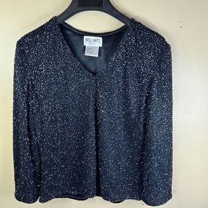Brillante by‎ JA Womens Size Large Black Beaded Vneck Blouse Formal Cocktail